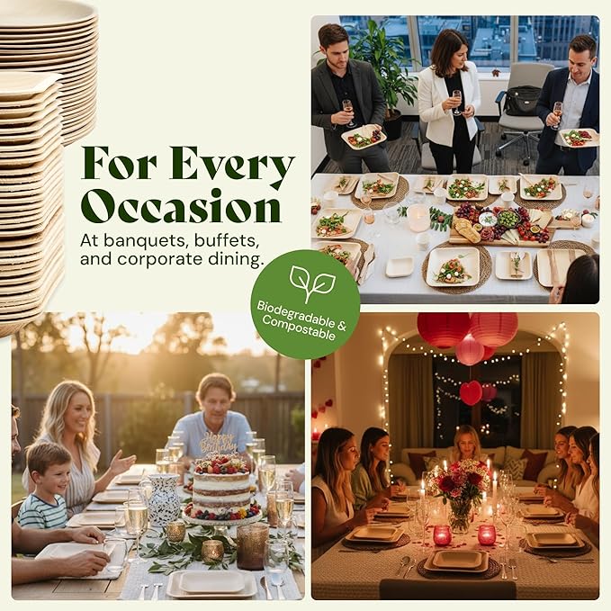 Chic Leaf Compostable & Biodegradable Palm Leaf Disposable Bamboo Plates - Disposable Party Plates for Appetizers - Valentine's Romantic Dinner Table, Reusable Supplies (10 & 7 Inch Square)