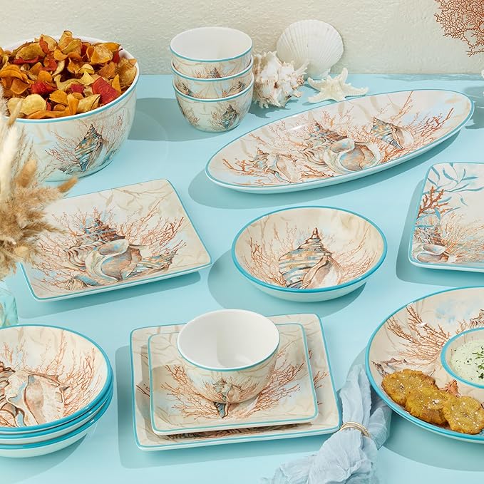 Escape to the Sea 6-Inch Canape Plates, Set of 4, Coastal Seashell & Coral Design, Durable Ceramic, Lightweight & Dishwasher Safe, Elegant Ocean-Inspired Plates for Appetizers & Desserts