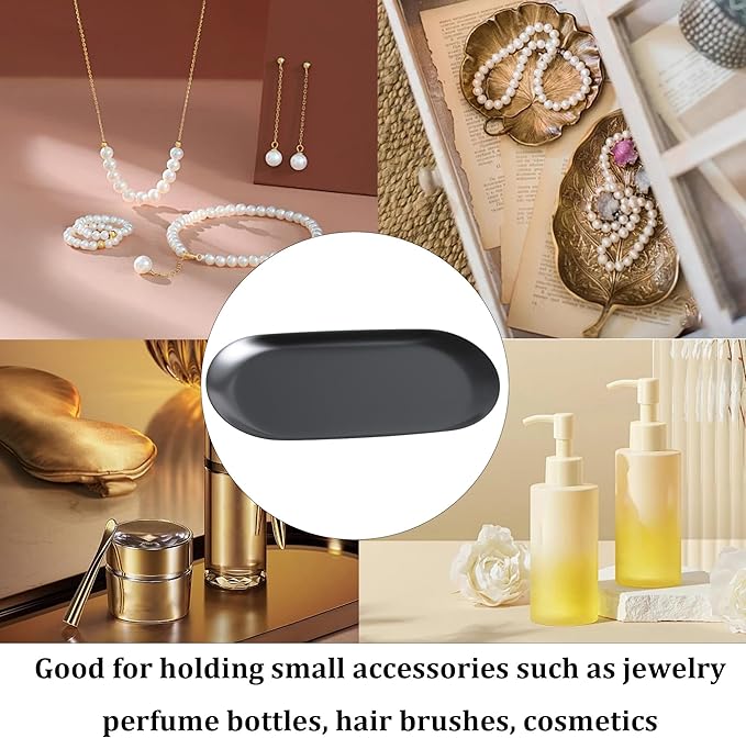 2Pcs 7x3.3inch Stainless Steel Decorative Trays, Oval Jewelry Dish Cosmetics Organizer, Black Serving Platter for Bathroom Vanity Dresser Storage
