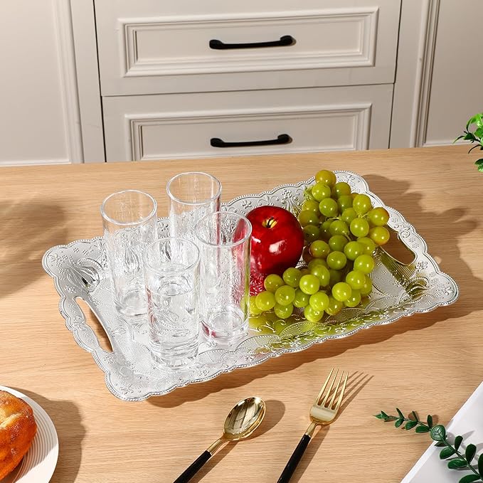 LemonRoad 6 Packs Plastic Silver Serving Trays with Handles 17 x 11 Inch Retro Vintage Embossing Rectangle Reusable Party Snack Decorative Serving Trays for Tea Coffee Fruit Dessert