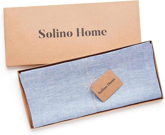 Solino Home Linen Table Runner 90 Inches Long - Athena, 100% Pure Linen Chambray Blue Table Runner 14 x 90 Inch for Dining, Winter, Spring, Easter