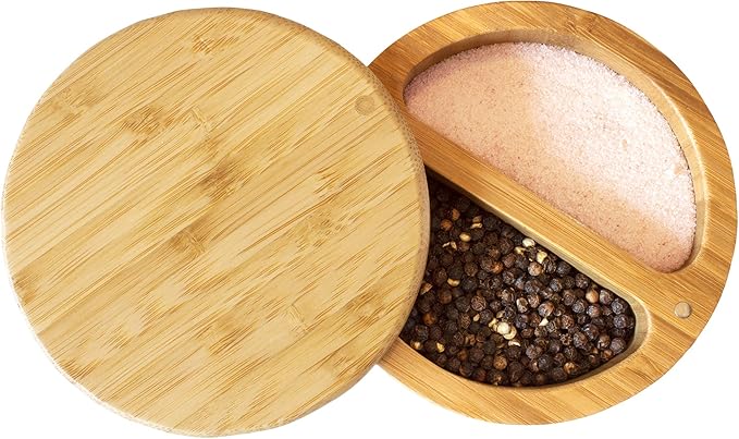 Totally Bamboo Salt Keeper Duet – Bamboo Salt Cellar with Dual Compartments for Salt and Pepper or Spices, Magnetic Swivel Lids, Natural Bamboo Salt Box, 8 Ounce Capacity