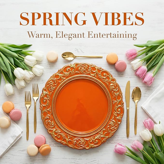Orange Charger Plates with Gold Embossed Rim, 13 Inch Plastic Charger for Dinner, Party, Wedding, Table Setting. (Set of 6)