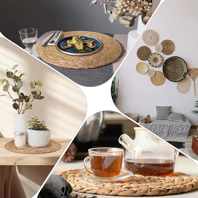 Woven Placemats Set of 4, 13.8" Natural Water Hyacinth Round Rattan Placemats with Wooden Beads Napkin Rings for Kitchen Dining Table Decor