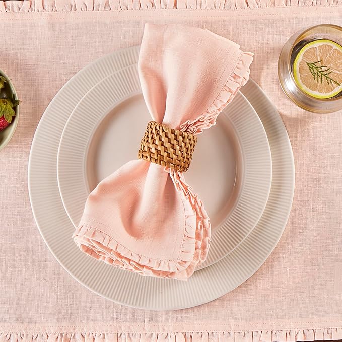 Solino Home Peach Cloud Linen Dinner Napkins 20 x 20 Inch - 100% Pure Linen Juliette Ruffle Cloth Napkins Set of 4 - Handcrafted and Machine Washable
