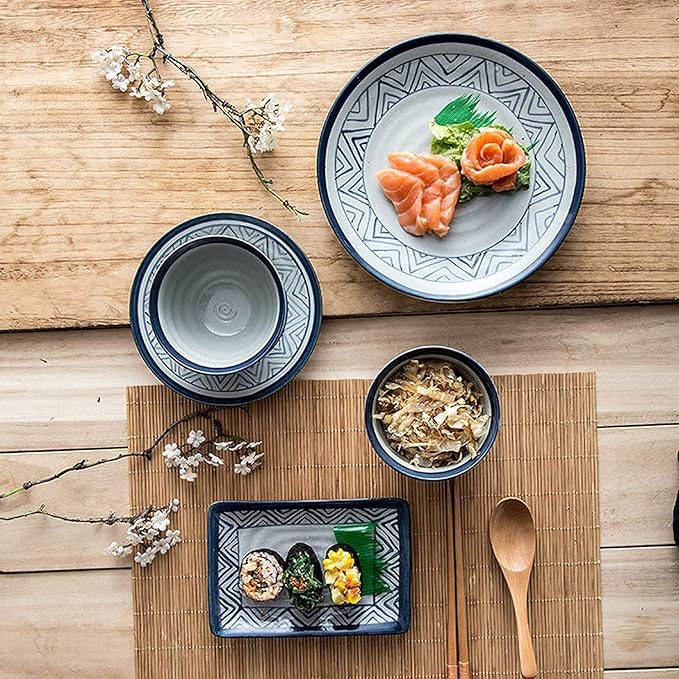 Dinnerware Set Dinner Party Tableware Service Set Porcelain Dinnerware Sets, 28 Pieces Ceramics Dinner Combination Set | Blue and White Lines Cereals Bowls and Steak Plates Sets