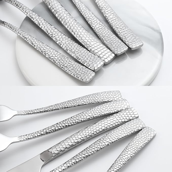 30-Piece Silver Silverware Set, Heavy Duty Hammered 18/10 Stainless Steel Flatware Set for 6, Food-Grade Cutlery Set, Tableware Set Including Fork Knife Spoon Set,Dishwasher Safe