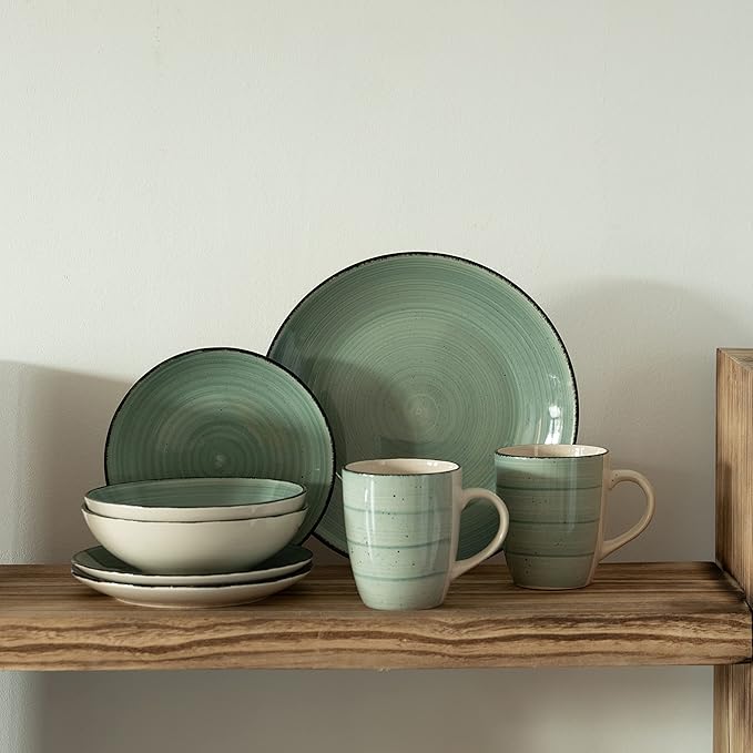 16 PC Spin Wash Dinnerware Dish Set for 4 Person | Mugs, Salad and Dinner Plates and Bowls Sets, Stylish Dishes with Highly Chip and Crack Resistant, Dishwasher and Microwave Safe, Green. QI004502.GN