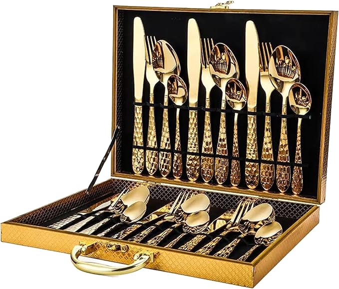 24-Piece Golden Silverware Set, Stainless Steel Cutlery Set with Knife Forks & Spoons, Flatware Set for Home and Kitchen Dining Table Set, Durable Utensils for New Home Essentials