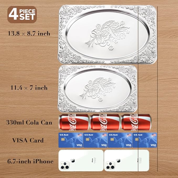 4-Pack Silver Serving Trays Set - ZENOVLUX Vintage Floral Engraved Mirror Decorative Tray, 13.8" x 8.7" Party Platters for Whiskey, Cookies, Charcuterie, Snacks, Desserts, Fruit, Party Food Display