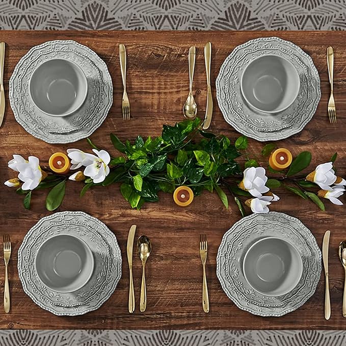 TP 12-Piece Dinnerware Set, Melamine Dishes Set with Bowls and Plates, Non-breakable and Lightweight Dinner Service for 4, Grey