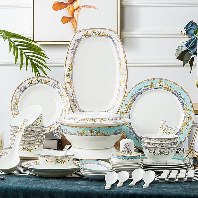 Palace Style Chip Dinnerware 56-Piece Bone China Dinnerware Set Nordic Ceramic Dinner Plates Set Porcelain Tableware Set