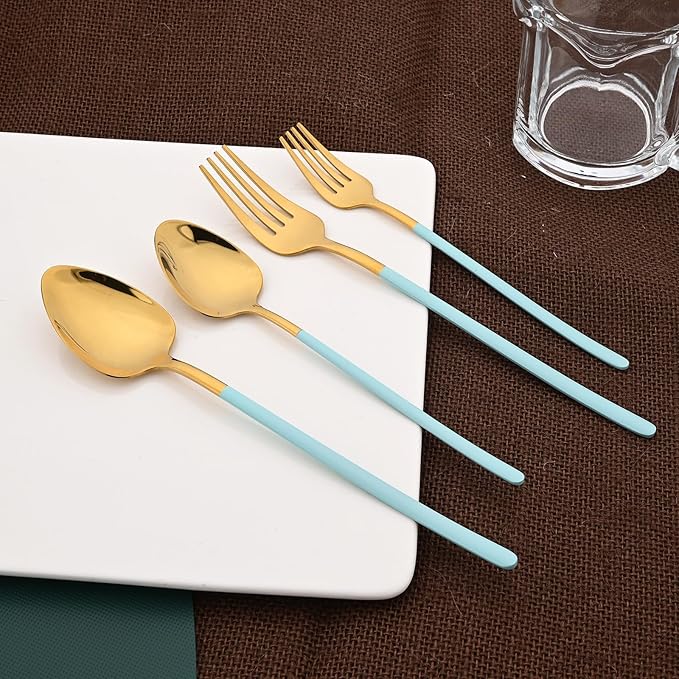 36pcs Silverware Set, 18/10 Stainless Steel Serving Flatware With Curved Handle For 6, Durable Eating Utensils For Home Entertaining, Mirror Polished (Mint Green Gold)