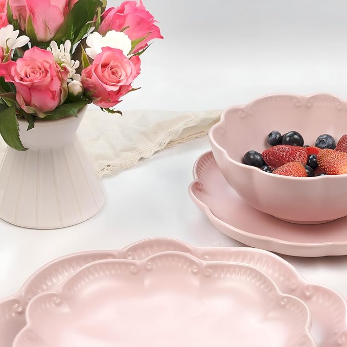 Sango 12 Pieces Scalloped Dinnerware Set, Modern Pink Dishes for 4, Premium Serving Plates & Bowls Sets, Chip & Scratch Resistant, Ceramic Dishware, Kitchen Dish, Microwave & Dishwasher Safe, Bethany