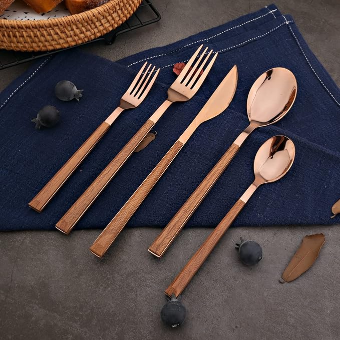 Korean Style Wood Flatware Stainless Steel Fork/Spoon/Knife/Teaspoon with Wooden Square Handle Cutlery Set of 4 Dinnerware for Home, Kitchen, Restaurant, Gift - Rose Gold