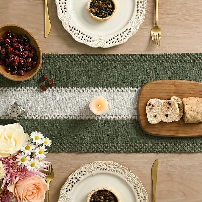 Artoid Mode Army Green Farmhouse Rustic Table Runner, Seasonal Hollow Kitchen Dining Table Decoration for Home Party Decor 12x90 Inch