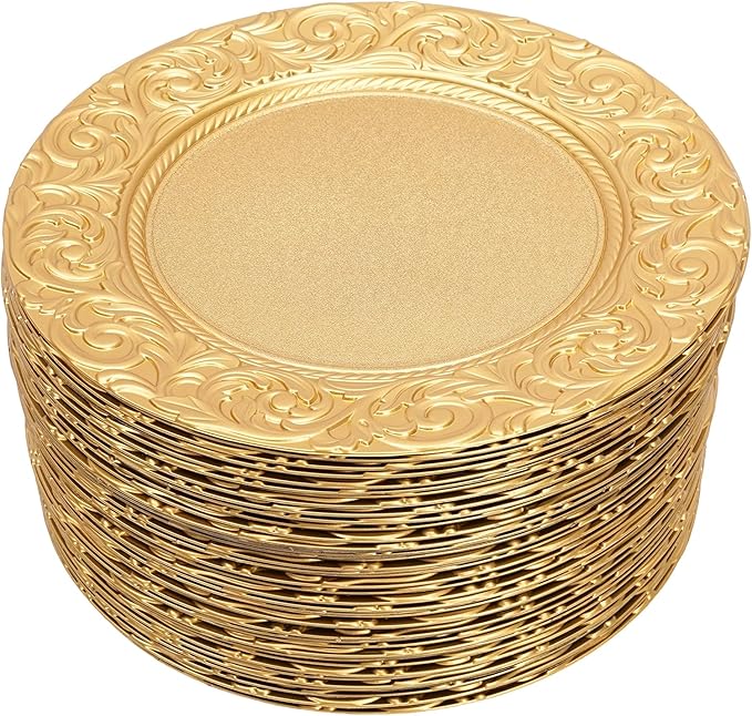 Gold Plastic Charger Plates Set of 100, 13” Reusable Party Chargers for Dinner Plates, Elegant Round Service Plate Chargers Bulk Decorative for Wedding, Catering Table Decor