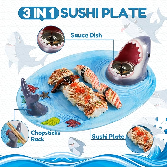 Shark Plates, Upgraded 3-in-1 Shark Sushi Plate, Shark Sushi Plate, Shark Plate with Sauce Compartment, Food Safe Material, Microwave/Oven/Refrigerator/Dishwasher Safe (ellipse)
