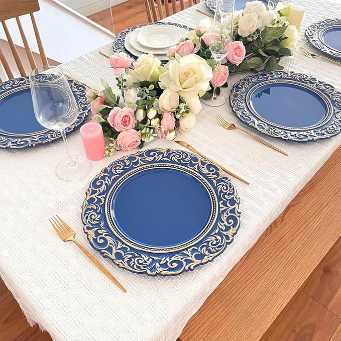 Antique Charger Plates with Gold Rim, 13 Inch Royal Blue Dinner Plate Chargers Round Server Ware, Set of 6 Plastic Embossed Charger for Dinner, Wedding, Elegant Tableware Decor