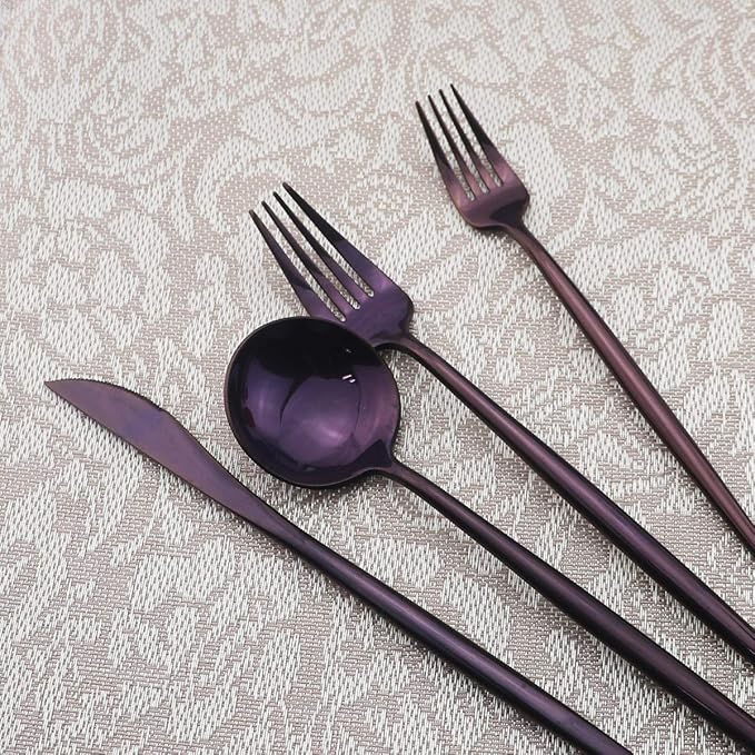 Gugrida Portable Silverware Set - 20-Piece Flatware Cutlery Set - 18/10 Stainless Steel - Mirror Polishing Purple - Travel Elegant Modern Utensils - Service for 4 Include Steak Knife Dinner Fork Spoon