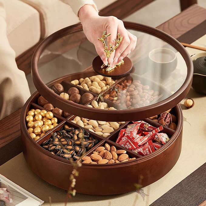 12" Wooden Serving Tray with Lid, 360° Rotating Snack Try, 9 Compartments, Platter Organizer for Snacks, Candy, Nuts, Chips, Tray for Party, Family Dinner and Holidays
