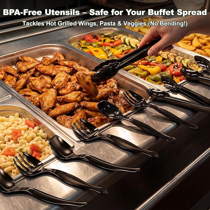 36Pcs Disposable Plastic Serving Utensils Set, 12 Black Spoons, 12 Forks, 12 Tongs, 9-Inch for Party Buffet Catering Events, Heavy Duty and Ergonomic Design (Black-1)