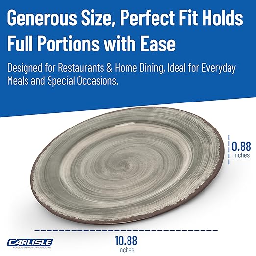 Carlisle FoodService Products Mingle Resuable Plastic Plate Dinner Plate with Pottery Style for Home and Restaurant, Melamine, 11 Inches, Smoke, (Pack of 12)