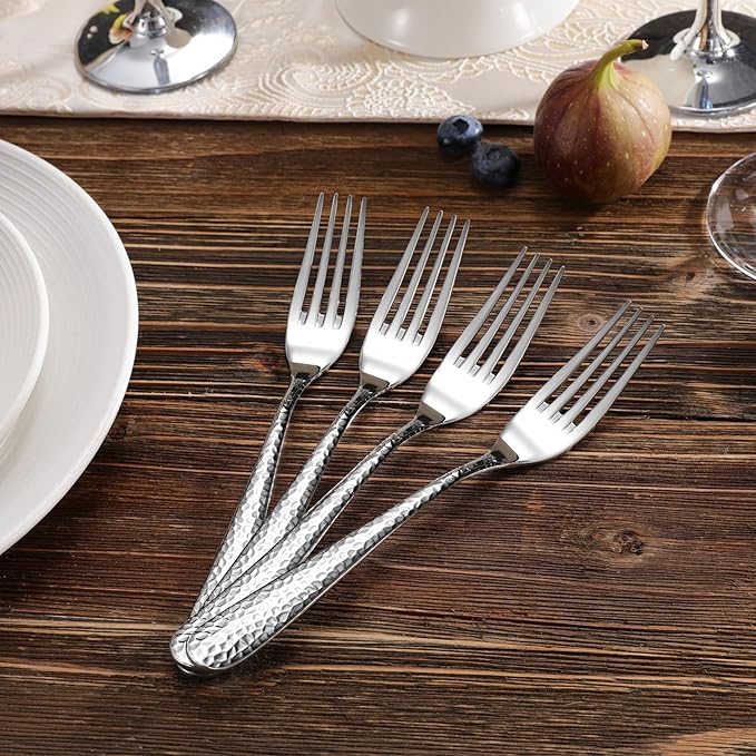KEAWELL Premium 8-Piece Louise Hammered Fork Set, 18/10 Stainless Steel, Fine Fork Set with Round Edge, Brightly-Mirror polished, Dishwasher Safe. (8, 8" Dinner Forks)