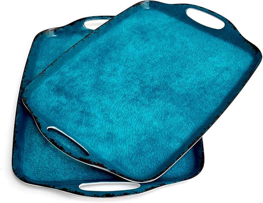 TP Serving Trays with Handles, 17 x 12 Inch Melamine Serving Platters for Food, Meat, Set of 2 Rectangular Trays for Eating, Retro Teal