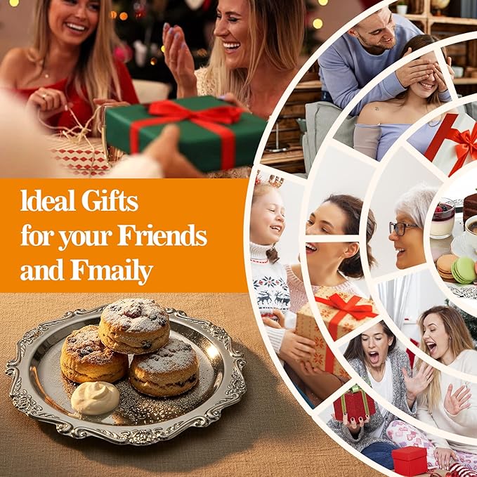 4 Pcs Silver Serving Trays - 7.9in Round Vintage Floral Engraved Metal Trays, Decorative Platters for Whiskey, Charcuterie, Cookies, Snacks & Party Food Display