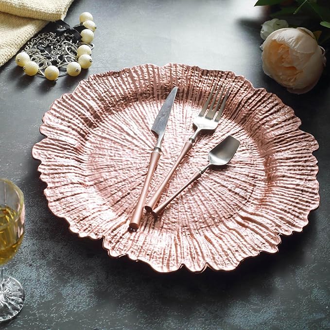 13" Charger Plates - Set of 24 - Acrylic Rose Gold Round Reef Disposable Chargers, Ideal for Dinner Party Wedding Holiday Bulk Events