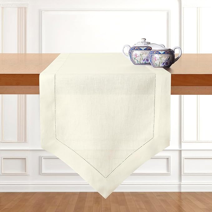 D'Moksha Homes Ivory Linen Table Runner 60 Inches Long - 100% Pure Linen Diamond Table Runner 14 x 60 Inch for Dining, Winter, Christmas, Holiday, New Year - Machine Washable