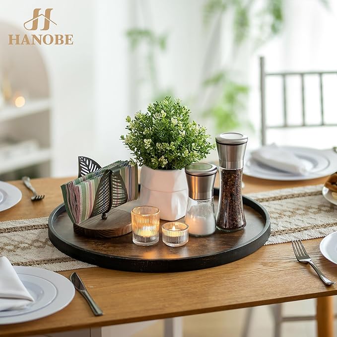 Hanobe Decorative Coffee Table Tray: Brown Wood Tray Round Rustic Wooden Trays Circle Farmhouse Centerpiece Candle Holder for Home Decor Ottoman Counter Display Living Room Organizer 18"