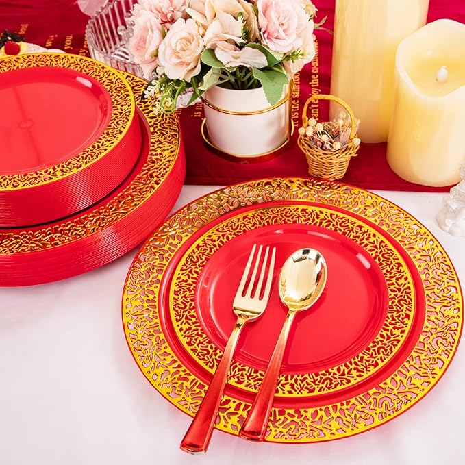 U-QE 150PCS Red and Gold Plastic Plates, Red Disposable Plates with Gold Rim for 30 Guests Include 30 Dinner Plates 10.25", 30 Salad Plates 7.5",30 Forks,30 Knives,30 Spoons Perfect for Party&Wedding