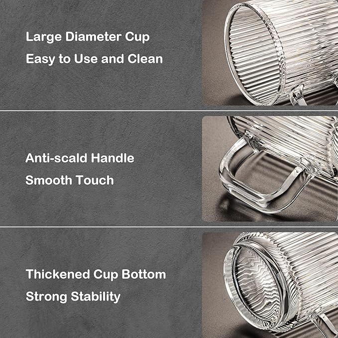 HMWEB Glass Coffee Mug Espresso Cups for Coffee 12 oz Classical Vertical Stripes Glass Tea Cups Transparent Glasses for Latte Juice Chocolate Gift