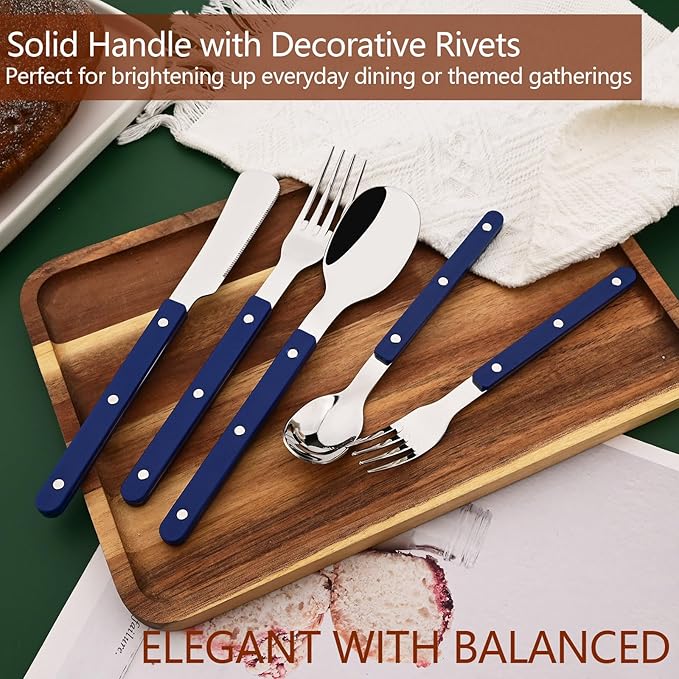 20 PCS Stainless Steel Flatware Set for 4, Silverware Set with Colored Handles, Retro Style Forks Spoons and Knives Set, Vintage Eating Utensils, Blue Acrylic Handle with Rivets Design