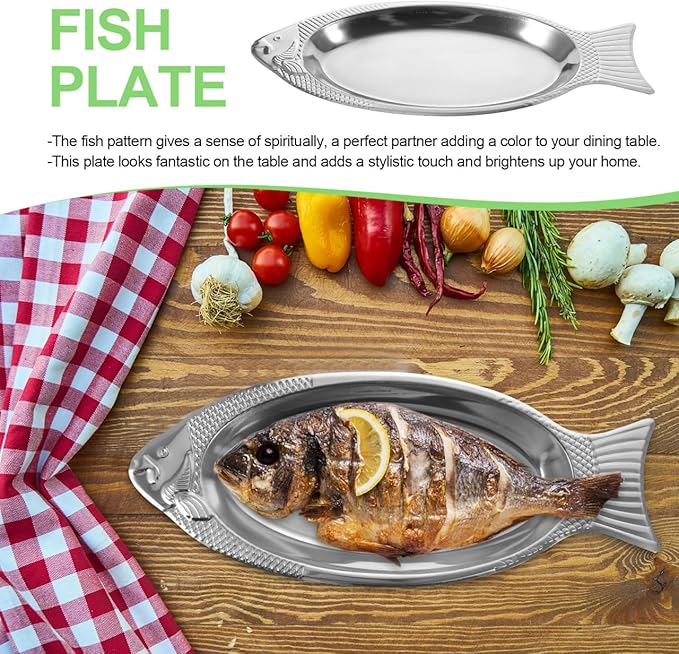 Cabilock Fish Shaped Steamed Fish Plate with Magnetic Base Stainless Steel Serving Tray 15.74 Inch Mirror Finish for Kitchen Dining and Entertaining