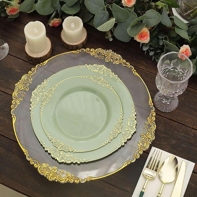 8" Salad Plates -Set of 20 - Plastic Sage Green Round Baroque Disposable Chargers Leaf Embossed Rim, Ideal for Dinner Party Wedding Bulk Events