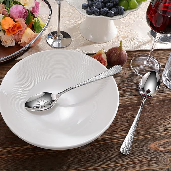 KEAWELL Premium Louise Hammered Serving Spoon Set, 18/10 Stainless Steel, 9" Fine Hostess Utensils With Round Edge, Dishwasher Safe