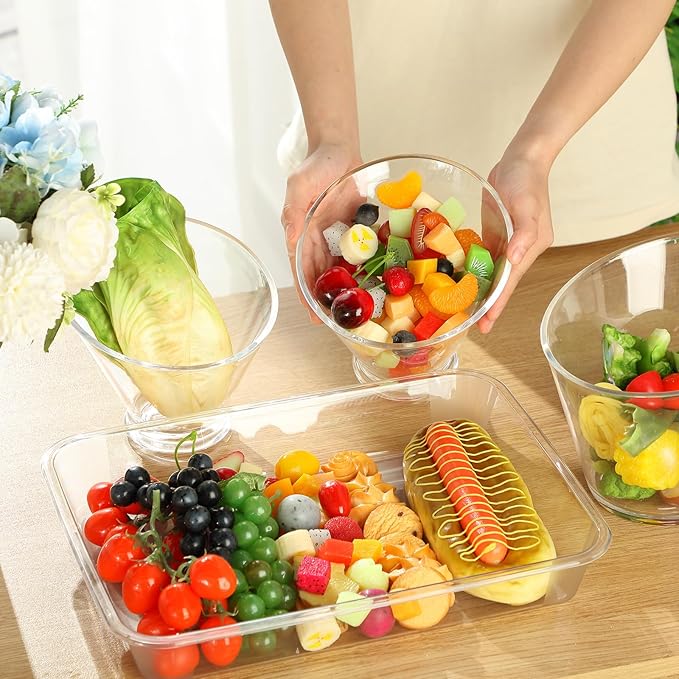 Rtteri 8 Pcs Acrylic Angled Salad Bowls and Serving Trays Set Includes 6 Pcs Large Plastic Clear Serving Bowls and 2 Pcs Rectangle Serving Platters for Party Snack Weddings