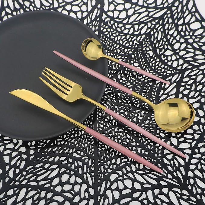 Shiny Silverware Sets, 24-Piece Elegant Cute Pink Handle Gold Cutlery set,304 Stainless Steel Silverware Set for Eating Home Kitchen Hotel Restaurant, Sets for 6 People, Dishwasher Safe