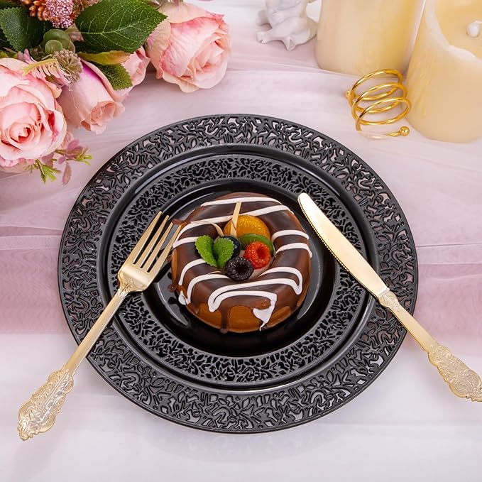 U-QE 150PCS Black Plastic Plates with Gold Plastic Silverware, Black New Years Plates Disposable for Party Include 30 Dinner Plates 10.25", 30 Salad Plates7.5", 30 Forks, 30 Knives, 30 Spoons