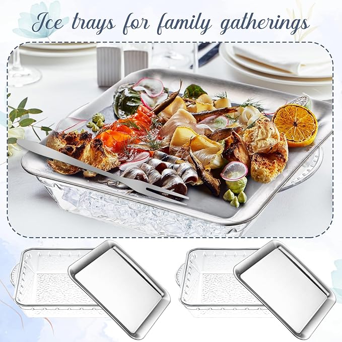 Baderke 9" Chilled Serving Tray for Christmas Parties Ice Chilled Party Platter Charcuterie Serving Board Cold Dish Dip with Forks Tongs for Fruit Seafood Vegetable Appetizer(Silver,4 Set)