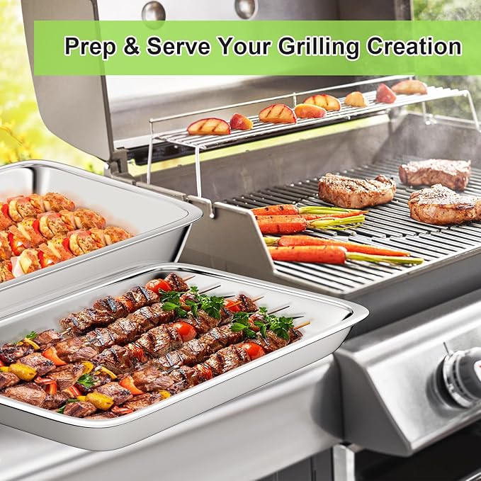 Grilling Prep and Serve Trays, Set of 4 Stackable Stainless Steel BBQ Trays with Cutting Board, Deep Marinating Container, Serving Platter for Plating Food, BBQ Prep Tub for Marinating Meats