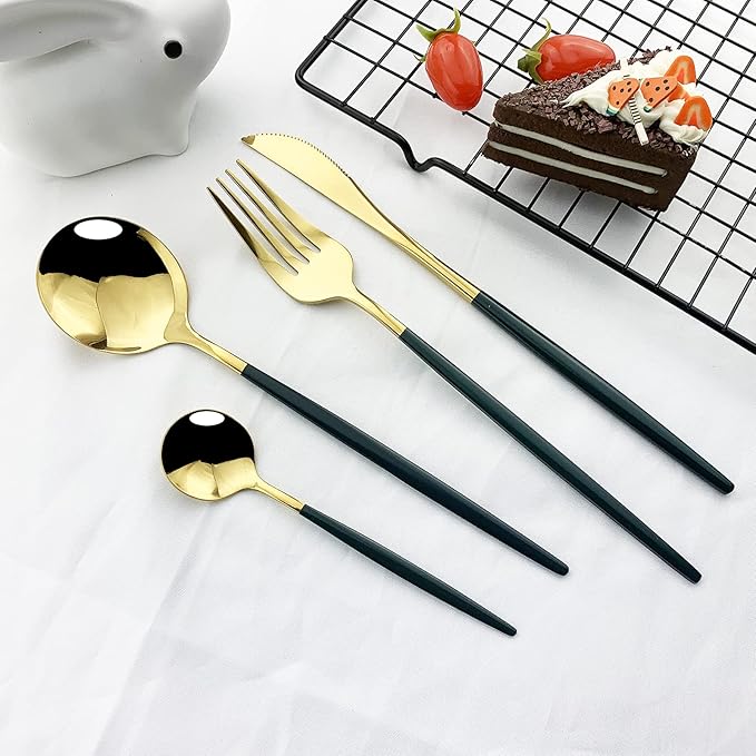 JASHII 24-Piece Titanium Green Plated Stainless Steel Flatware Set, Green Handle, Gold Mouth Utensils, Shiny Gold Finish for 6