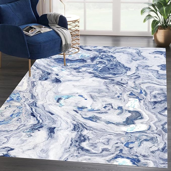 Contemporary Abstract Marble Collection 5x8 Grey Blue Swirl Texture Modern Area Rugs for Bedroom Living Room Bedroom Non Slip Washable Kitchen Carpet Lightweight Soft Throw Mat