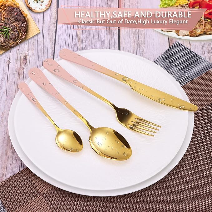 24 Pieces Flatware Set, Stainless Steel Cutlery Set with Silverware Holder, Modern Gold Silverware Set Includes Dinner Knives Forks Spoons,Hanging Silverware Set Service for 6 (Pink)