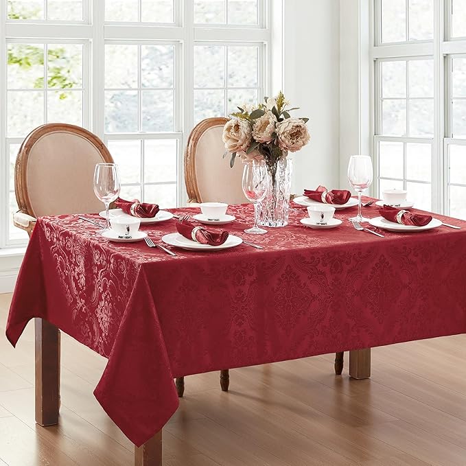 Elrene Home Fashions Caiden Elegance Damask Waterproof, Stain & Wrinkle Resistant Fabric Tablecloth, 60" x 102" Oblong/Rectangle, Red