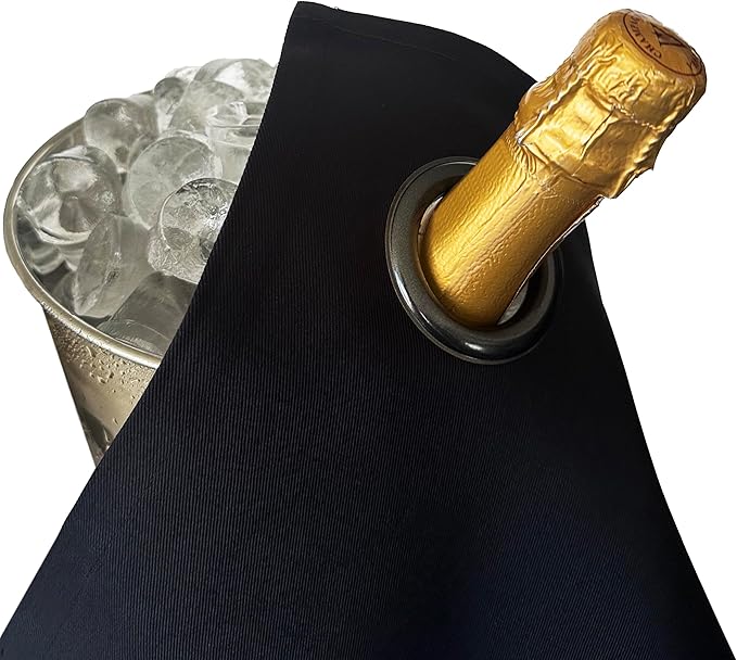 Classic Collection, Bottle Cloth with Metal Ring for Ice Buckets, Cotton, 42 cm, Corner Hole (Black with Charcoal Metal Ring, Pack of 2)
