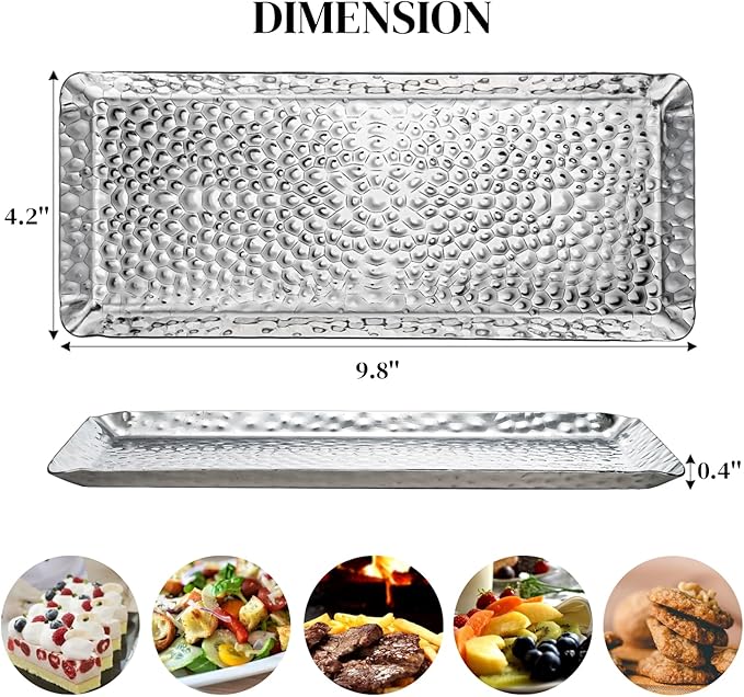 4 Pieces Hammered Silver Tray, Small Stainless Steel Appetizer Platter, 9.8 Inch Decorative Jewelry Dish Vanity Organizer for BBQ, Towel, Candle, Perfume, Cosmetic